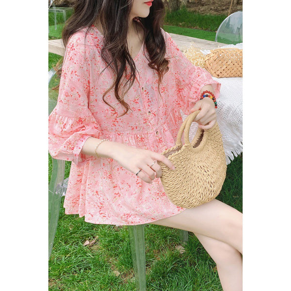 Sweet Fairy Women Pink Color Loose Round Neck Smashed Fluffy Cotton Button Up Front Linen Shirt Top Blouse