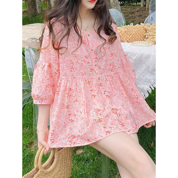 Sweet Fairy Women Pink Color Loose Round Neck Smashed Fluffy Cotton Button Up Front Linen Shirt Top Blouse