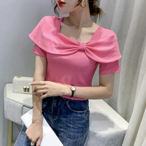 Temperament Summer Women Ladies Trendy Fashion Square Neck Short Sleeved Big Bow Short Sleeves Top Shirt