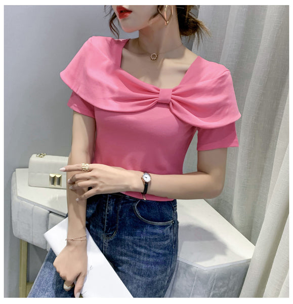 Temperament Summer Women Ladies Trendy Fashion Square Neck Short Sleeved Big Bow Short Sleeves Top Shirt