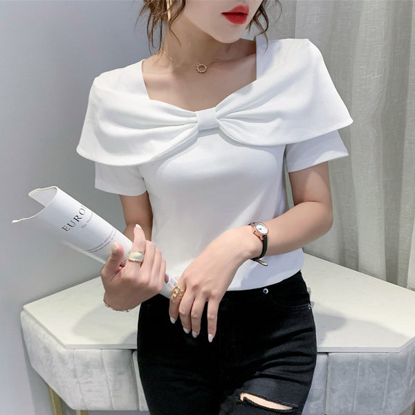 Temperament Summer Women Ladies Trendy Fashion Square Neck Short Sleeved Big Bow Short Sleeves Top Shirt