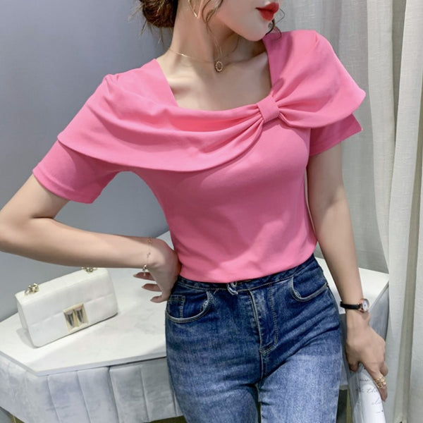 Temperament Summer Women Ladies Trendy Fashion Square Neck Short Sleeved Big Bow Short Sleeves Top Shirt
