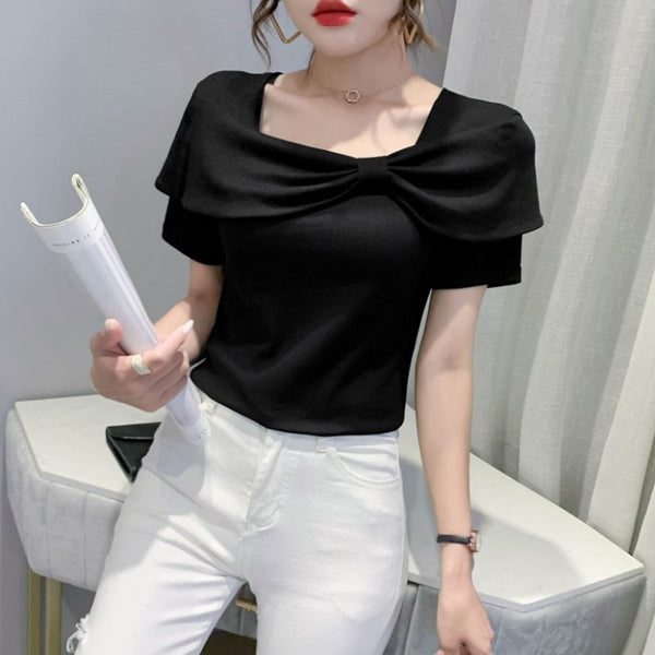 Temperament Summer Women Ladies Trendy Fashion Square Neck Short Sleeved Big Bow Short Sleeves Top Shirt