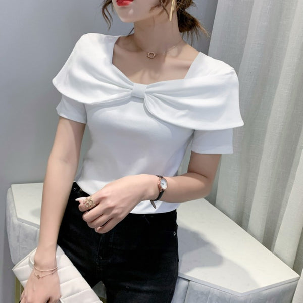 Temperament Summer Women Ladies Trendy Fashion Square Neck Short Sleeved Big Bow Short Sleeves Top Shirt