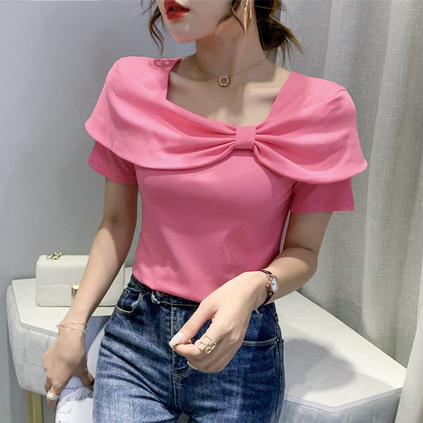 Temperament Summer Women Ladies Trendy Fashion Square Neck Short Sleeved Big Bow Short Sleeves Top Shirt