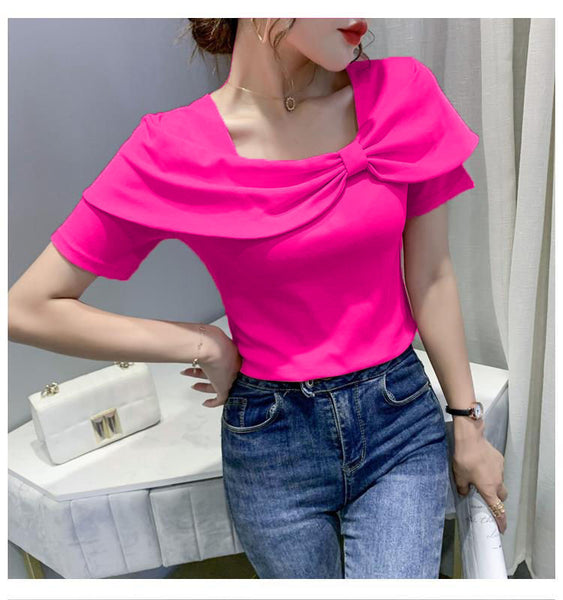 Temperament Summer Women Ladies Trendy Fashion Colorful Solid Color Square Neck Short Sleeved Big Bow Short Sleeves Top Shirt