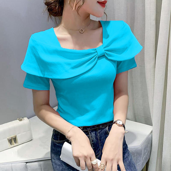 Temperament Summer Women Ladies Trendy Fashion Colorful Solid Color Square Neck Short Sleeved Big Bow Short Sleeves Top Shirt