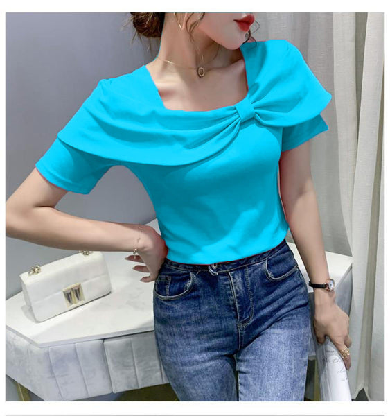 Temperament Summer Women Ladies Trendy Fashion Colorful Solid Color Square Neck Short Sleeved Big Bow Short Sleeves Top Shirt