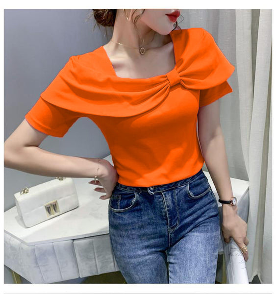 Temperament Summer Women Ladies Trendy Fashion Colorful Solid Color Square Neck Short Sleeved Big Bow Short Sleeves Top Shirt