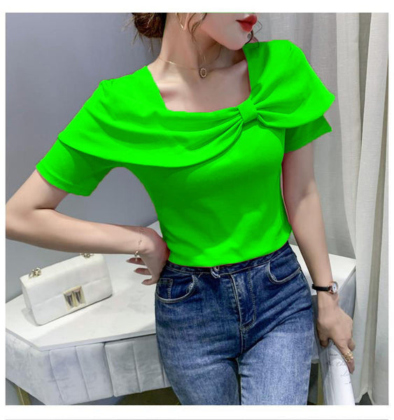 Temperament Summer Women Ladies Trendy Fashion Colorful Solid Color Square Neck Short Sleeved Big Bow Short Sleeves Top Shirt
