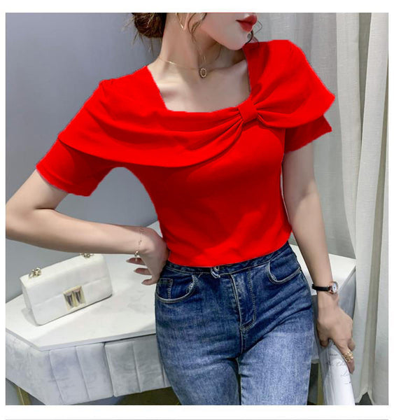 Temperament Summer Women Ladies Trendy Fashion Colorful Solid Color Square Neck Short Sleeved Big Bow Short Sleeves Top Shirt