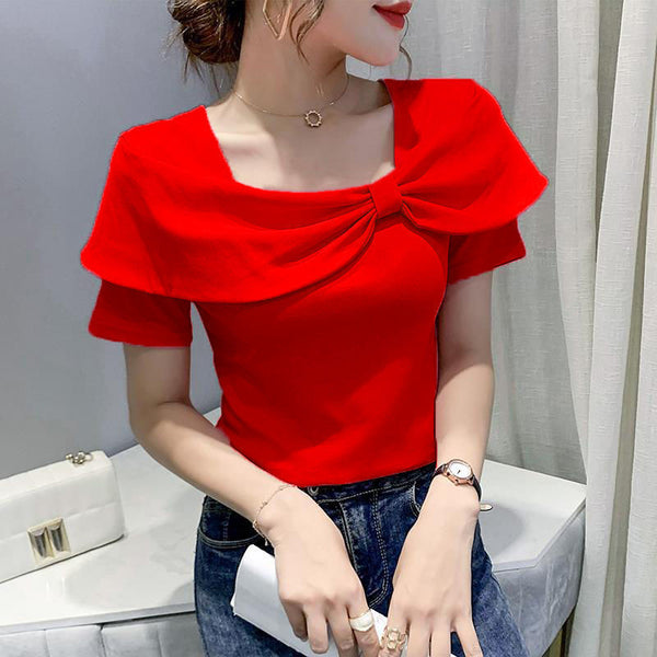 Temperament Summer Women Ladies Trendy Fashion Colorful Solid Color Square Neck Short Sleeved Big Bow Short Sleeves Top Shirt