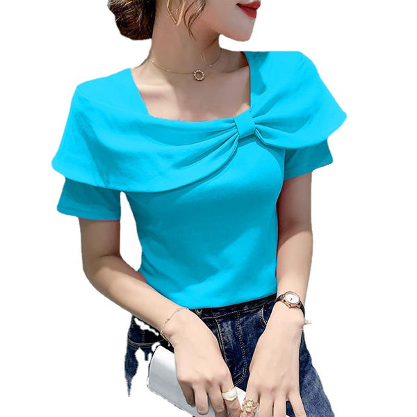 Temperament Summer Women Ladies Trendy Fashion Colorful Solid Color Square Neck Short Sleeved Big Bow Short Sleeves Top Shirt