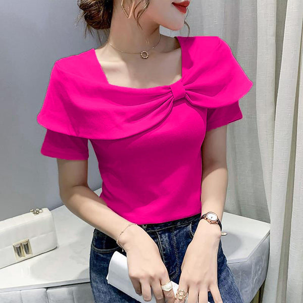 Temperament Summer Women Ladies Trendy Fashion Colorful Solid Color Square Neck Short Sleeved Big Bow Short Sleeves Top Shirt