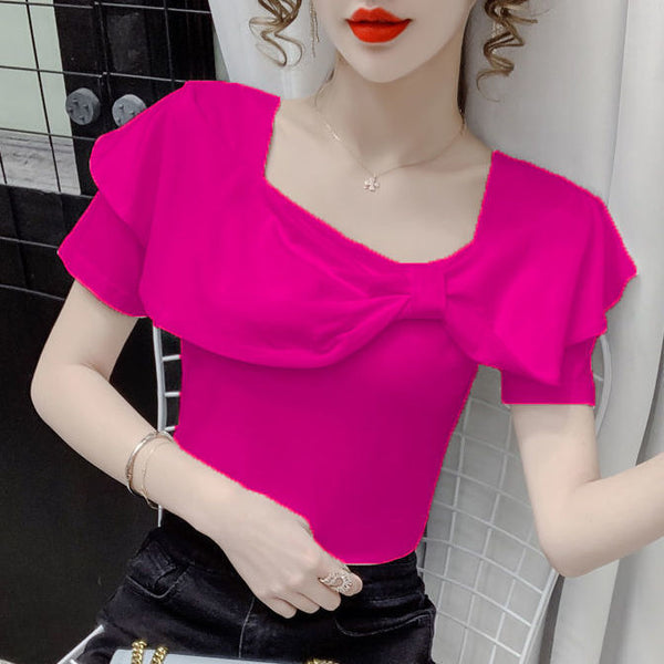 Temperament Summer Women Ladies Trendy Fashion Colorful Solid Color Square Neck Short Sleeved Big Bow Short Sleeves Top Shirt