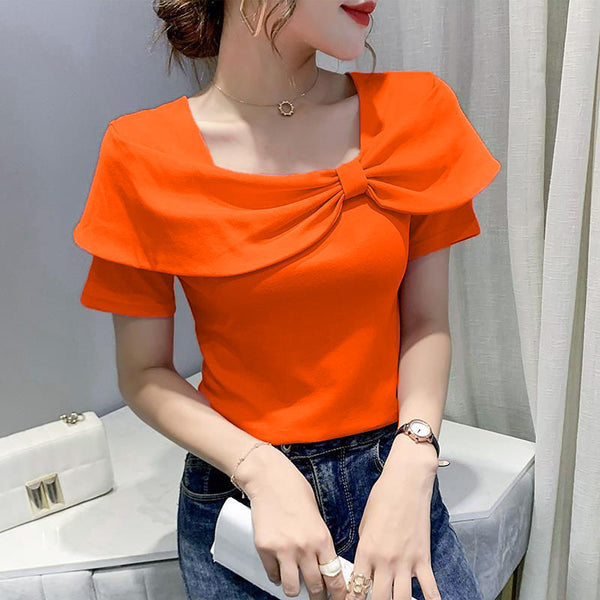 Temperament Summer Women Ladies Trendy Fashion Colorful Solid Color Square Neck Short Sleeved Big Bow Short Sleeves Top Shirt