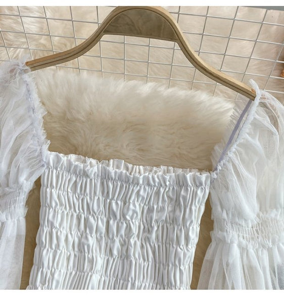 Temperament Fairy Summer Retro Women Ladies Mesh Square Collar Long Lantern Sleeved Waist Shirt Top Blouse