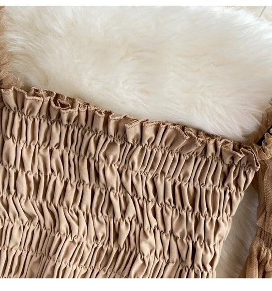 Temperament Fairy Summer Retro Women Ladies Mesh Square Collar Long Lantern Sleeved Waist Shirt Top Blouse