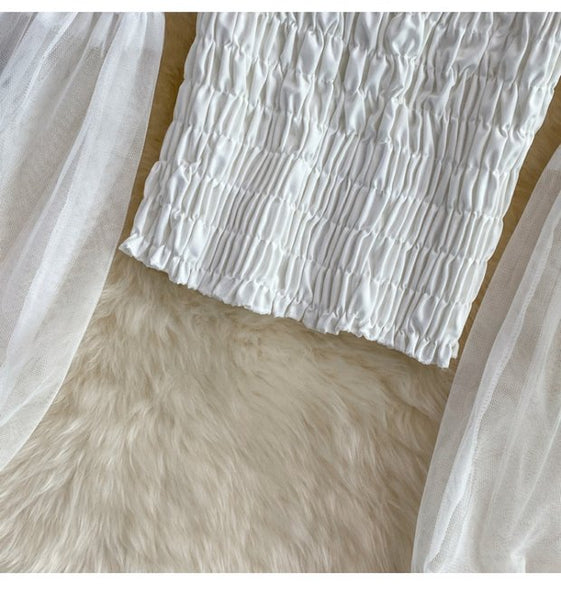 Temperament Fairy Summer Retro Women Ladies Mesh Square Collar Long Lantern Sleeved Waist Shirt Top Blouse