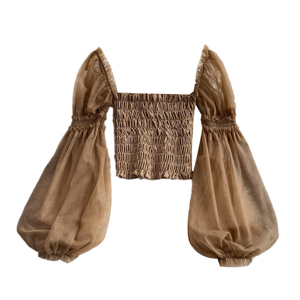 Temperament Fairy Summer Retro Women Ladies Mesh Square Collar Long Lantern Sleeved Waist Shirt Top Blouse