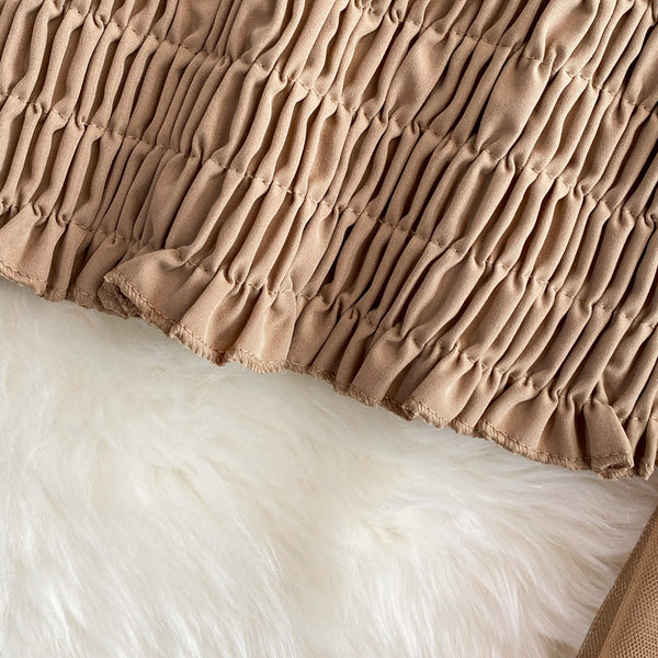 Temperament Fairy Summer Retro Women Ladies Mesh Square Collar Long Lantern Sleeved Waist Shirt Top Blouse