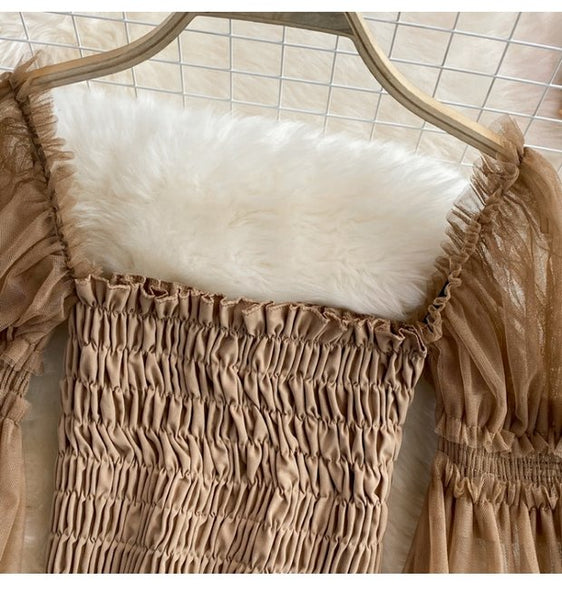 Temperament Fairy Summer Retro Women Ladies Mesh Square Collar Long Lantern Sleeved Waist Shirt Top Blouse