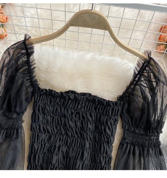 Temperament Fairy Summer Retro Women Ladies Mesh Square Collar Long Lantern Sleeved Waist Shirt Top Blouse