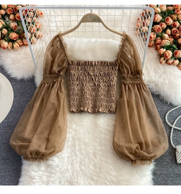 Temperament Fairy Summer Retro Women Ladies Mesh Square Collar Long Lantern Sleeved Waist Shirt Top Blouse