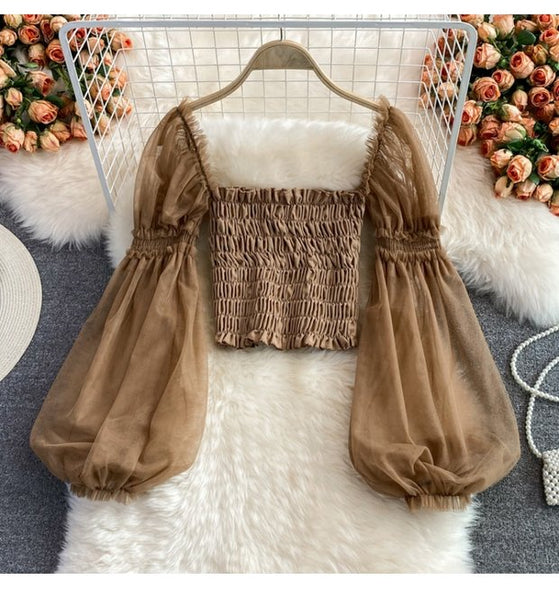 Temperament Fairy Summer Retro Women Ladies Mesh Square Collar Long Lantern Sleeved Waist Shirt Top Blouse