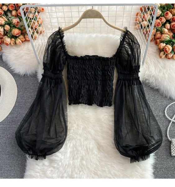Temperament Fairy Summer Retro Women Ladies Mesh Square Collar Long Lantern Sleeved Waist Shirt Top Blouse