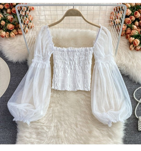 Temperament Fairy Summer Retro Women Ladies Mesh Square Collar Long Lantern Sleeved Waist Shirt Top Blouse
