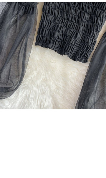 Temperament Fairy Summer Retro Women Ladies Mesh Square Collar Long Lantern Sleeved Waist Shirt Top Blouse