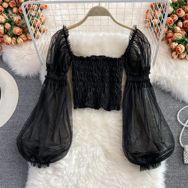 Temperament Fairy Summer Retro Women Ladies Mesh Square Collar Long Lantern Sleeved Waist Shirt Top Blouse