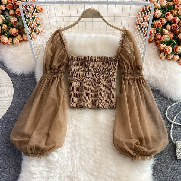 Temperament Fairy Summer Retro Women Ladies Mesh Square Collar Long Lantern Sleeved Waist Shirt Top Blouse