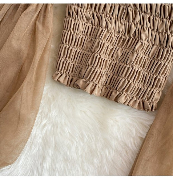 Temperament Fairy Summer Retro Women Ladies Mesh Square Collar Long Lantern Sleeved Waist Shirt Top Blouse