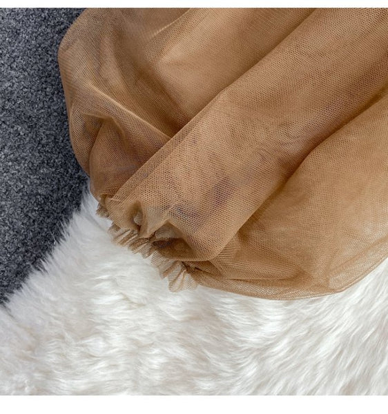 Temperament Fairy Summer Retro Women Ladies Mesh Square Collar Long Lantern Sleeved Waist Shirt Top Blouse