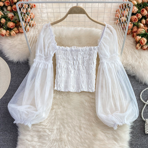 Temperament Fairy Summer Retro Women Ladies Mesh Square Collar Long Lantern Sleeved Waist Shirt Top Blouse