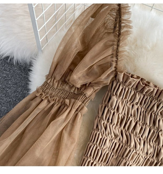 Temperament Fairy Summer Retro Women Ladies Mesh Square Collar Long Lantern Sleeved Waist Shirt Top Blouse