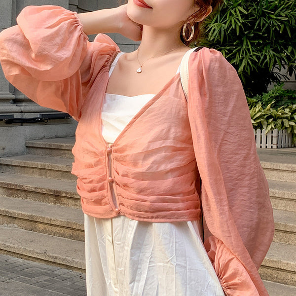 Summer Temperament Women Sun Protection Long Puff Sleeved Shawl Solid Color Top Cropped Outer Wear