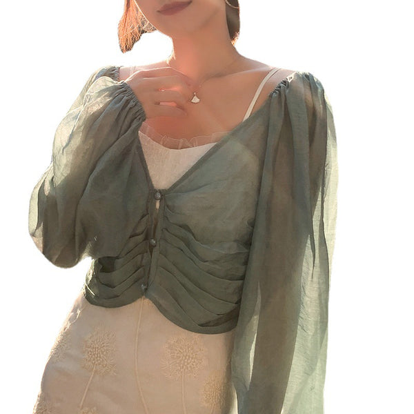 Summer Temperament Women Sun Protection Long Puff Sleeved Shawl Solid Color Top Cropped Outer Wear