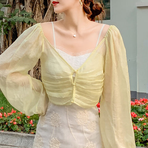 Summer Temperament Women Sun Protection Long Puff Sleeved Shawl Solid Color Top Cropped Outer Wear