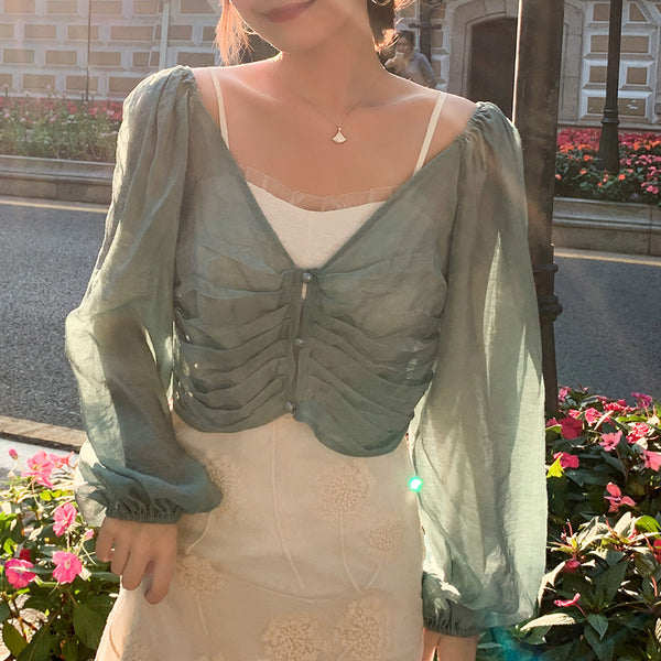 Summer Temperament Women Sun Protection Long Puff Sleeved Shawl Solid Color Top Cropped Outer Wear