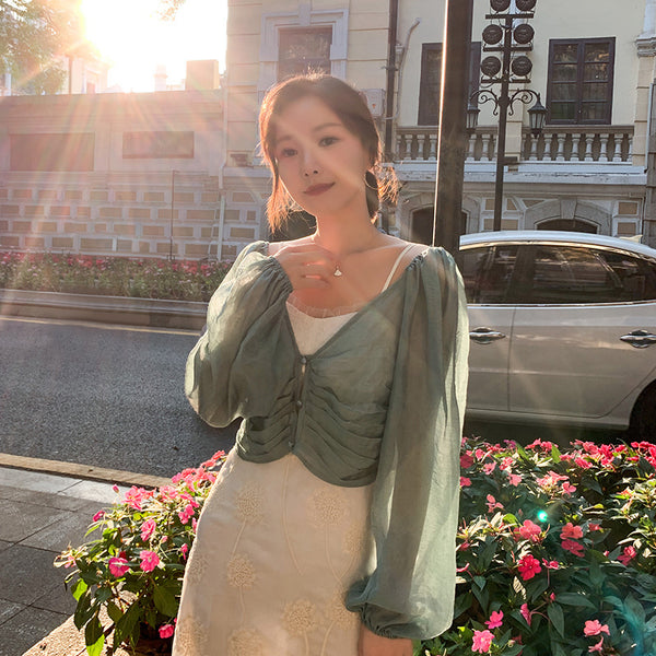 Summer Temperament Women Sun Protection Long Puff Sleeved Shawl Solid Color Top Cropped Outer Wear