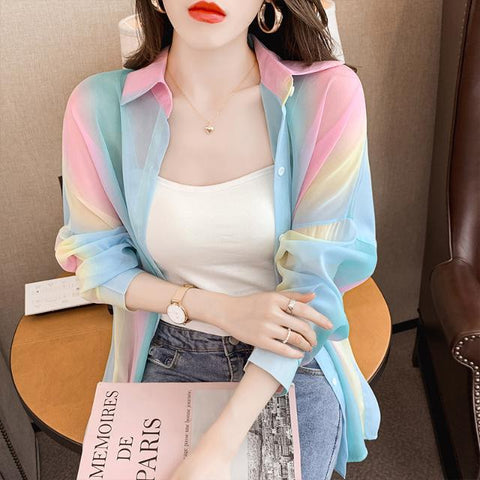 Pretty Summer Women Office Ladies OL Rainbow Colorful Soft Sunscreen Stand Collar Lace Long Sleeves Top Shirt Outer Cardigan Jacket