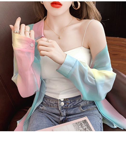 Pretty Summer Women Office Ladies OL Rainbow Colorful Soft Sunscreen Stand Collar Lace Long Sleeves Top Shirt Outer Cardigan Jacket