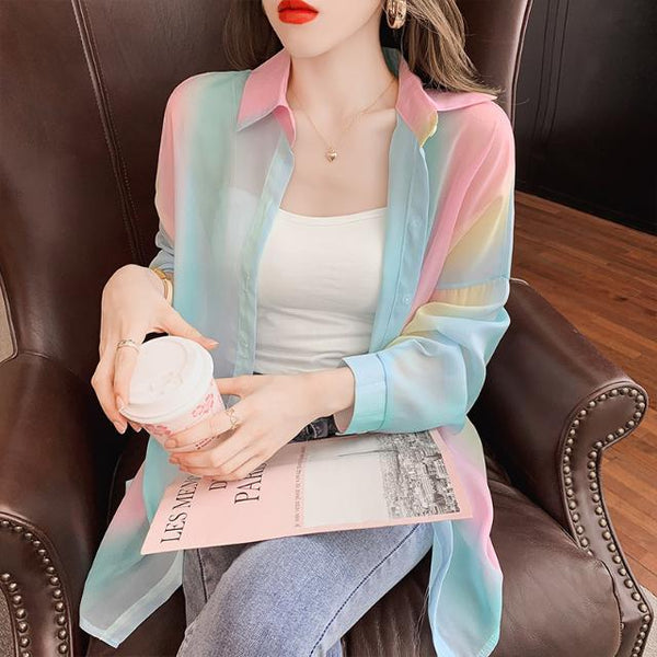 Pretty Summer Women Office Ladies OL Rainbow Colorful Soft Sunscreen Stand Collar Lace Long Sleeves Top Shirt Outer Cardigan Jacket