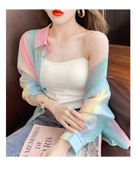 Pretty Summer Women Office Ladies OL Rainbow Colorful Soft Sunscreen Stand Collar Lace Long Sleeves Top Shirt Outer Cardigan Jacket