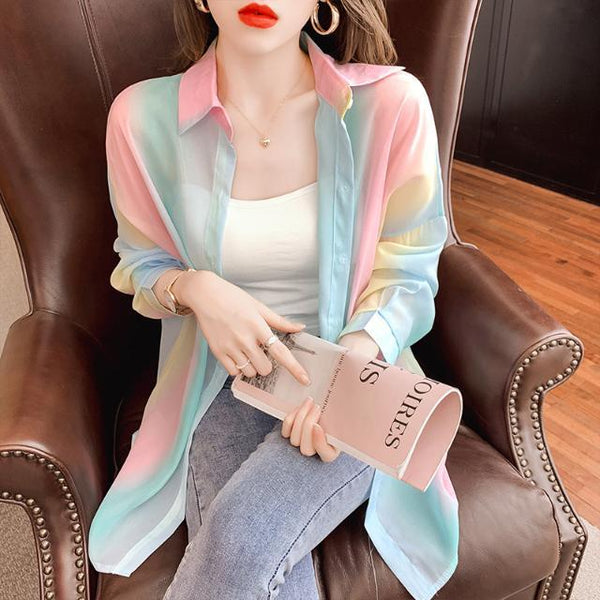 Pretty Summer Women Office Ladies OL Rainbow Colorful Soft Sunscreen Stand Collar Lace Long Sleeves Top Shirt Outer Cardigan Jacket
