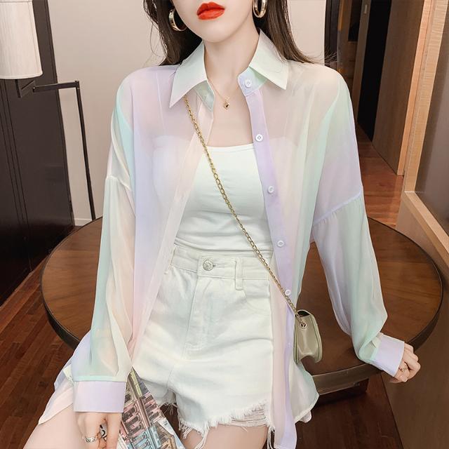 Attractive Summer Pretty Women Office Ladies OL Rainbow Colorful Soft Sunscreen Lace Long Sleeves Tops Outer Top Cardigan Jacket