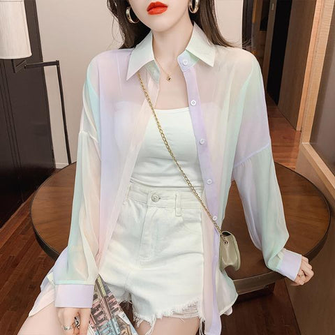 Attractive Summer Pretty Women Office Ladies OL Rainbow Colorful Soft Sunscreen Lace Long Sleeves Tops Outer Top Cardigan Jacket